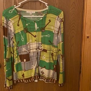 EUC CAbi Cardigan green and yellow with keys